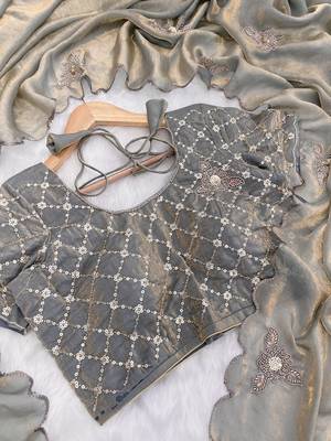 Grey heavy fendy satin with embroidered beads work saree with unstitched blouse 2
