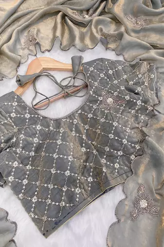 Grey heavy fendy satin with embroidered beads work saree with unstitched blouse