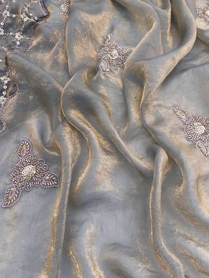 Grey heavy fendy satin with embroidered beads work saree with unstitched blouse 3