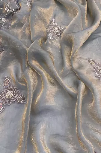 Grey heavy fendy satin with embroidered beads work saree with unstitched blouse