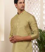 Men olive gold textured viscose blend short kurta with mandarin collar
