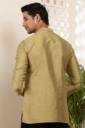 Men olive gold textured viscose blend short kurta with mandarin collar