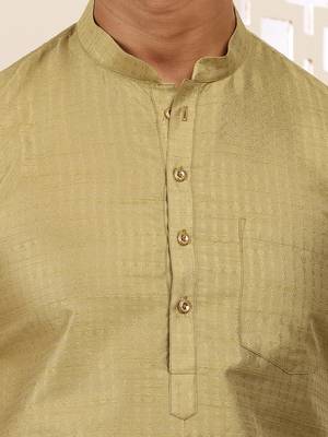 Men olive gold textured viscose blend short kurta with mandarin collar 5