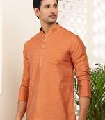 Men rust orange textured viscose blend short kurta with mandarin collar