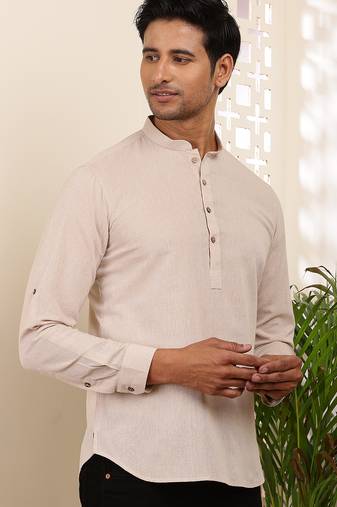 Men's elegant beige cotton short kurta with mandarin collar
