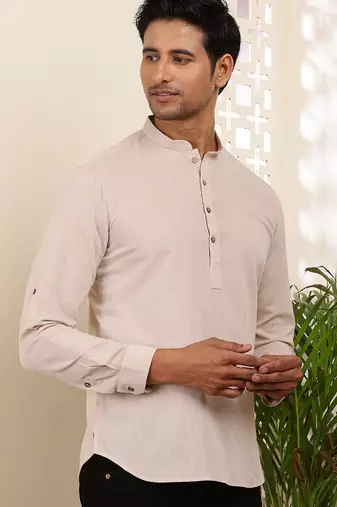 Men's elegant beige cotton short kurta with mandarin collar