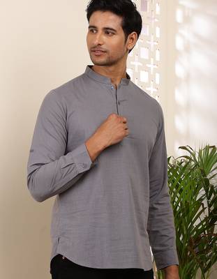 Men's slate grey cotton short kurta with mandarin collar 1