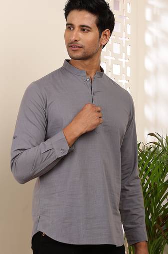 Men's slate grey cotton short kurta with mandarin collar