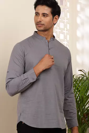 Men's slate grey cotton short kurta with mandarin collar