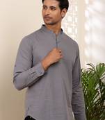 Men's slate grey cotton short kurta with mandarin collar