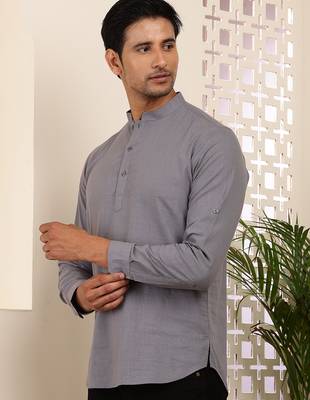 Men's slate grey cotton short kurta with mandarin collar 2