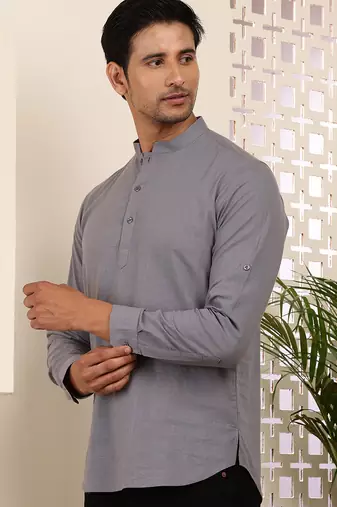 Men's slate grey cotton short kurta with mandarin collar