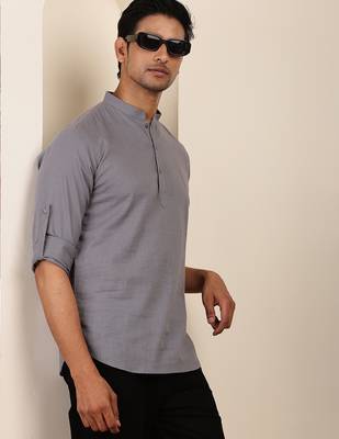Men's slate grey cotton short kurta with mandarin collar 3