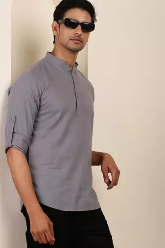 Men's slate grey cotton short kurta with mandarin collar