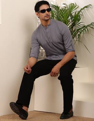 Men's slate grey cotton short kurta with mandarin collar 4