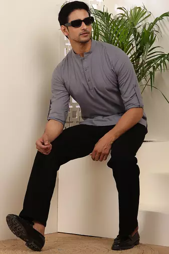 Men's slate grey cotton short kurta with mandarin collar
