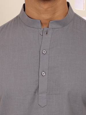 Men's slate grey cotton short kurta with mandarin collar 5