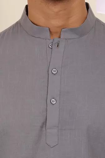 Men's slate grey cotton short kurta with mandarin collar