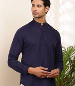 Men's midnight blue cotton blend short kurta with mandarin collar