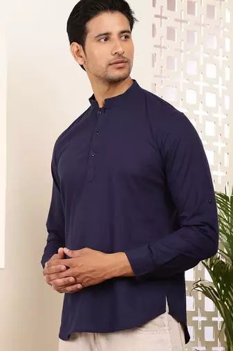 Men's midnight blue cotton blend short kurta with mandarin collar