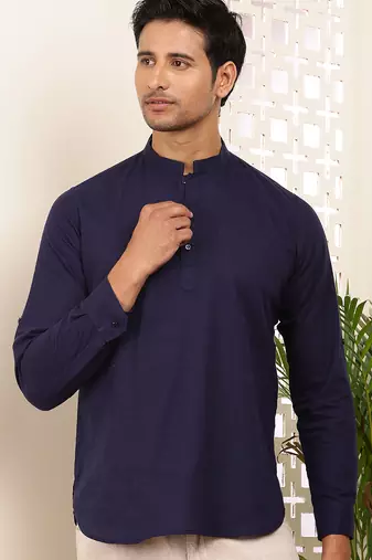 Men's midnight blue cotton blend short kurta with mandarin collar