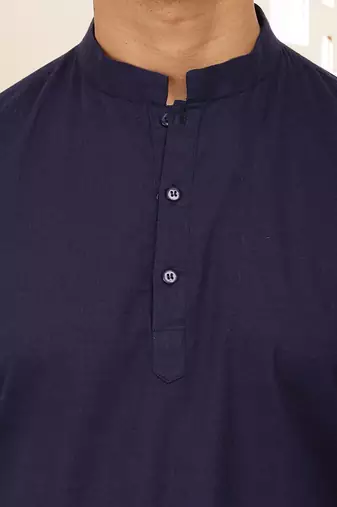 Men's midnight blue cotton blend short kurta with mandarin collar