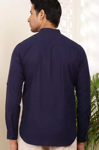 Men's midnight blue cotton blend short kurta with mandarin collar