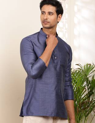 Men's navy blue self-design viscose blend short kurta with mandarin collar 1