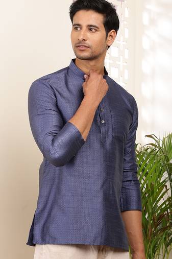 Men's navy blue self-design viscose blend short kurta with mandarin collar