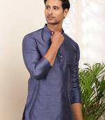 Men's navy blue self-design viscose blend short kurta with mandarin collar