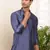Men's navy blue self-design viscose blend short kurta with mandarin collar