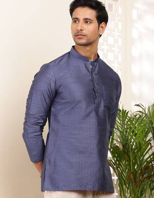 Men's navy blue self-design viscose blend short kurta with mandarin collar 3