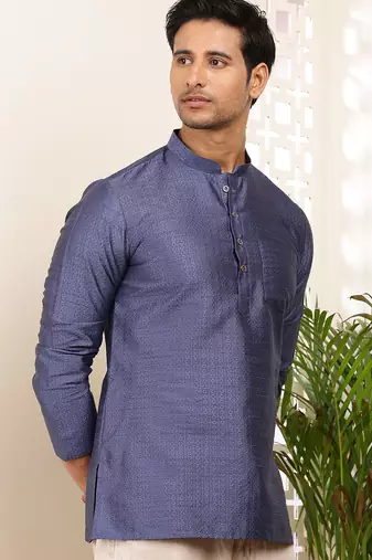 Men's navy blue self-design viscose blend short kurta with mandarin collar