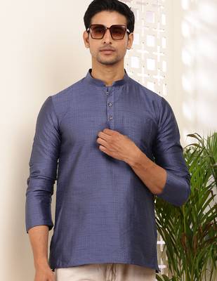 Men's navy blue self-design viscose blend short kurta with mandarin collar 4