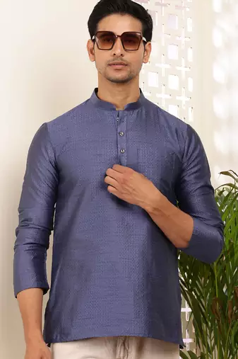 Men's navy blue self-design viscose blend short kurta with mandarin collar
