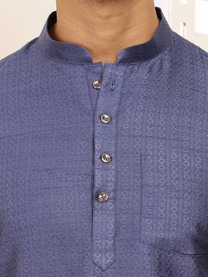 Men's navy blue self-design viscose blend short kurta with mandarin collar 5