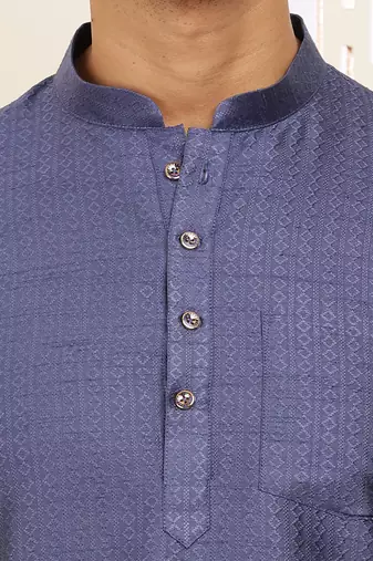 Men's navy blue self-design viscose blend short kurta with mandarin collar