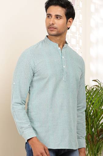 Men's mint green & white striped cotton short kurta with mandarin collar