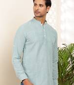 Men's mint green & white striped cotton short kurta with mandarin collar