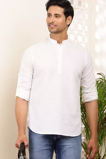 men's white cotton short kurta