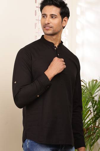 Men's black cotton short kurta with modern graphic print