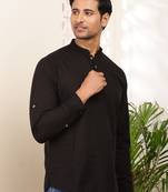Men's black cotton short kurta with modern graphic print