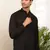 Men's black cotton short kurta with modern graphic print