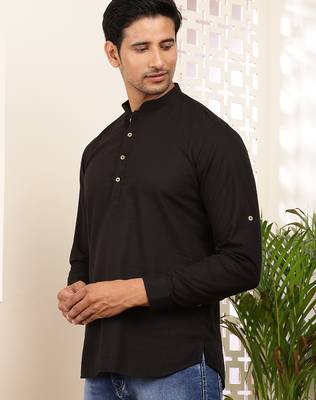 Men's black cotton short kurta with modern graphic print 2