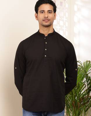 Men's black cotton short kurta with modern graphic print 4