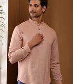 Men's peach solid cotton short kurta with mandarin collar