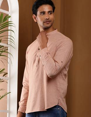 Men's peach solid cotton short kurta with mandarin collar 2