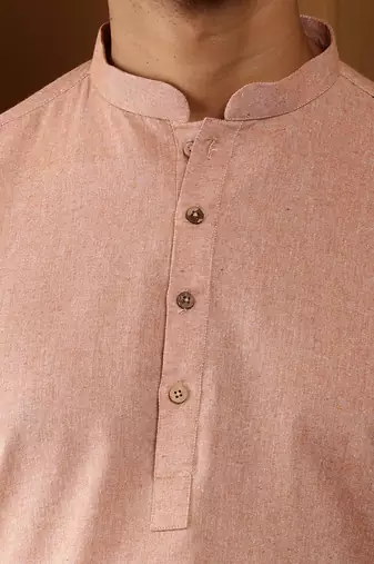 Men's peach solid cotton short kurta with mandarin collar