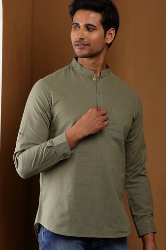 Men's olive green solid cotton short kurta with mandarin collar