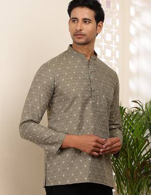 Men olive cotton short kurta with embroidered motifs and mandarin collar 1